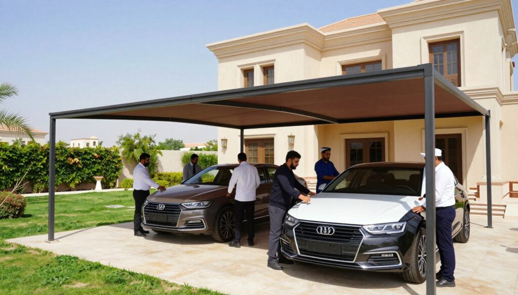 A professional team of skilled workers, dressed in neat business attire, is shown energetically installing custom car shades and outdoor canopies around a luxurious villa in Al-Ahsa, Saudi Arabia. In the foreground, the team is engaged in careful assembly, showcasing various elegant shade designs. The middle ground features a beautifully landscaped garden and the majestic villa, with the custom shades partially erected, casting dynamic shadows on the ground. In the background, the clear blue sky enhances the vibrant colors of the scene, suggesting a warm and inviting atmosphere. The lighting is bright and natural, highlighting the textures of the materials used, creating a professional yet approachable mood. Capture this moment from a slightly elevated angle, giving depth to the setup while ensuring the focus remains on the installation process.