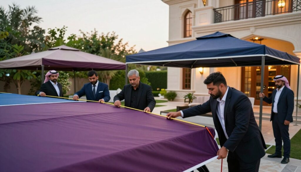 A professional team of skilled workers, dressed in smart business attire, is engaged in the installation of custom car shades and outdoor canopies in a stunning villa garden in Saudi Arabia. In the foreground, the team is carefully measuring and fitting the vibrant, durable fabrics of the shade structures, showcasing their attention to detail and craftsmanship. The middle ground features the partially installed canopies, emphasizing the functional yet elegant design that complements the luxurious villa architecture. In the background, lush greenery and decorative elements of the garden enhance the tranquil atmosphere. Soft, warm lighting illuminates the scene, creating an inviting mood that highlights the professionalism and dedication of the team at work. The angle focuses on their collaborative effort, embodying teamwork in delivering exceptional customer service. A professional team of skilled workers, dressed in smart business attire, is engaged in the installation of custom car shades and outdoor canopies in a stunning villa garden in Saudi Arabia. In the foreground, the team is carefully measuring and fitting the vibrant, durable fabrics of the shade structures, showcasing their attention to detail and craftsmanship. The middle ground features the partially installed canopies, emphasizing the functional yet elegant design that complements the luxurious villa architecture. In the background, lush greenery and decorative elements of the garden enhance the tranquil atmosphere. Soft, warm lighting illuminates the scene, creating an inviting mood that highlights the professionalism and dedication of the team at work. The angle focuses on their collaborative effort, embodying teamwork in delivering exceptional customer service.