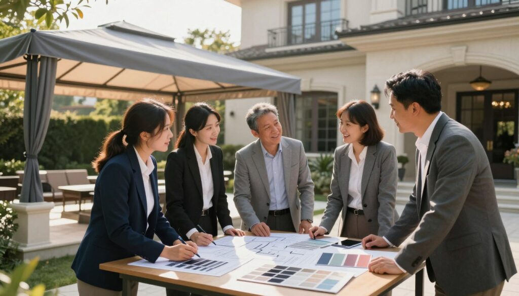 A professional team of skilled workers in business attire is engaged in consultation, surrounded by samples of custom car shades and outdoor canopies designed for villas. The foreground features a table with blueprints and color swatches, while team members discuss options with clients, showcasing friendly expressions. In the middle ground, a partially constructed outdoor canopy can be seen, with sunlight filtering through fabric, creating soft shadows on the ground. The background includes a luxurious villa, demonstrating the final product installed seamlessly. The lighting is warm and inviting, emphasizing a collaborative and positive atmosphere, with a slightly blurred depth of field to focus on the interactions in the foreground.