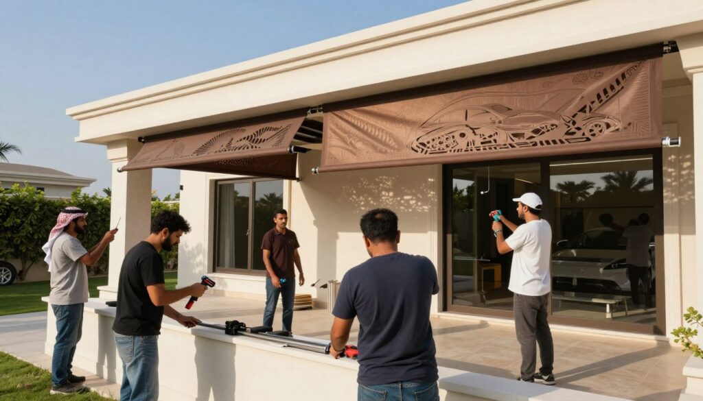 A professional team of skilled workers in smart, casual attire, meticulously installing custom laser-cut privacy shades on a modern villa in Saudi Arabia. In the foreground, the workers are focused and engaged, using high-quality tools and materials. The middle ground showcases beautifully crafted car shades and outdoor canopies, demonstrating intricate designs and attention to detail. The background features a picturesque villa with a clear blue sky and lush greenery, reflecting a warm and inviting atmosphere. Natural sunlight illuminates the scene, casting soft shadows and highlighting the textures of the fabrics and surfaces. The overall mood conveys professionalism and quality assurance, symbolizing the commitment to excellence in craftsmanship and customer satisfaction.