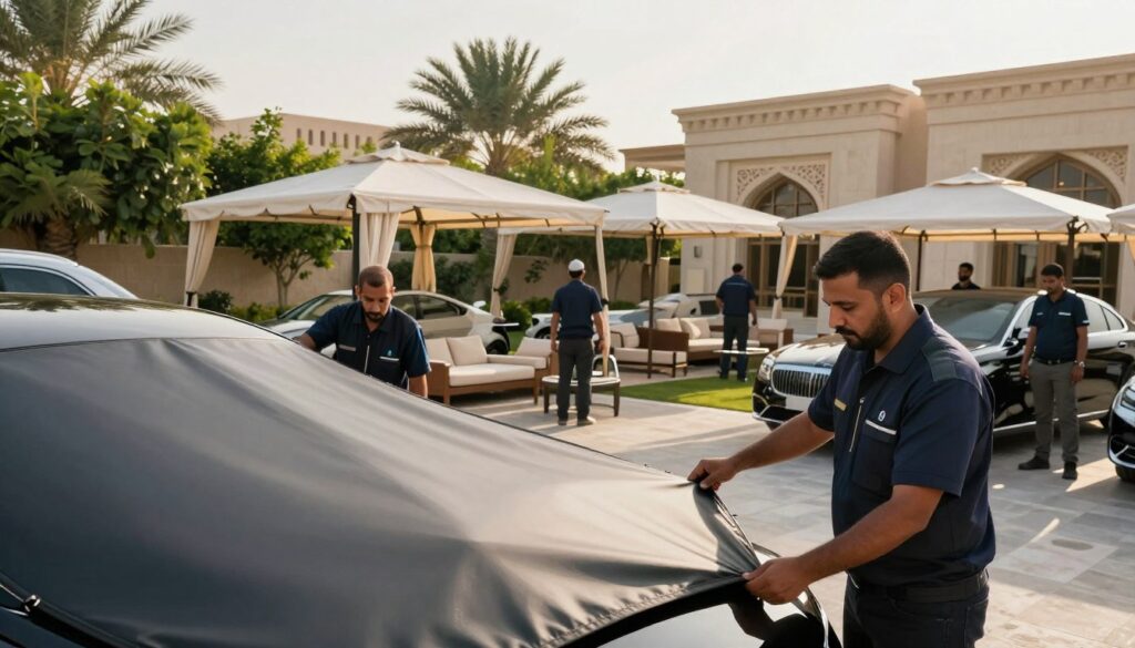 A professional team of skilled workers in smart uniforms, installing custom car shades and outdoor canopies in a sunny villa setting in Al-Qatif, Saudi Arabia. In the foreground, focus on a smartly dressed technician expertly adjusting a large fabric shade over a luxury car. In the middle ground, showcase neatly arranged canopies with intricate architectural designs, providing shade and elegance to the villa's outdoor space. The background features lush greenery and the distinctive architecture of upscale homes typical of the region. The scene is bathed in warm sunlight, casting soft shadows, conveying a mood of professionalism and innovation. Use a slightly elevated angle to capture the entire installation process, emphasizing the craftsmanship and detail in the canopies.