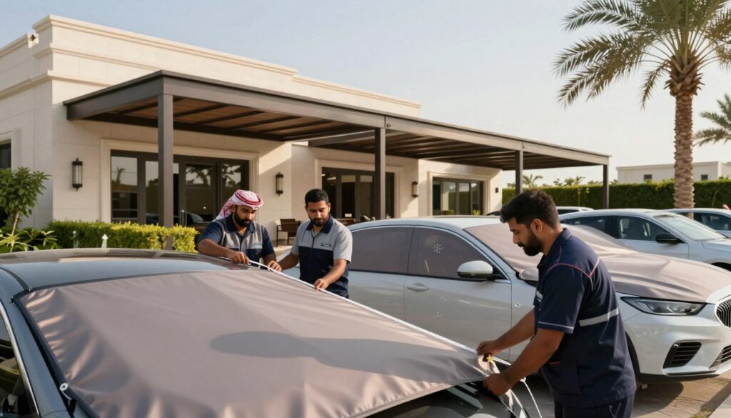 A professional team of skilled workers in smart uniforms installs elegant laser-cut car shades and outdoor canopies at a luxurious villa in Al Khobar, Saudi Arabia. In the foreground, the team carefully measures and adjusts the fabrics, showcasing their attention to detail. The middle ground features a sleek, modern villa with a beautiful garden, adorned with stylish canopies that provide shade and privacy. The background includes palm trees and a clear blue sky to emphasize the sunny atmosphere of the region. Soft, natural lighting enhances the focus on the shades and gives a warm tone to the overall scene, evoking a sense of professionalism and competitive pricing in the outdoor installations.