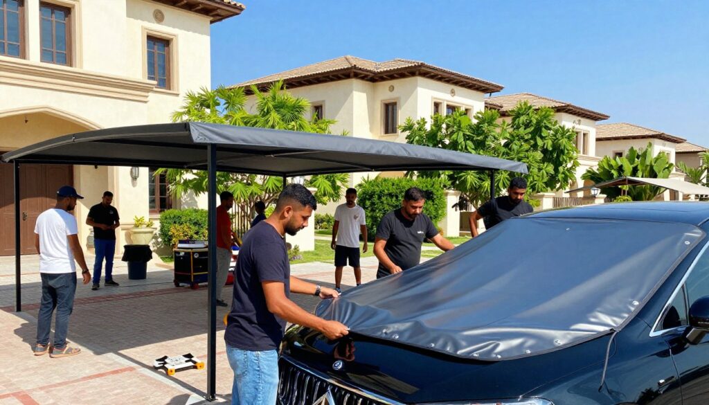 A professional team of skilled workers installing custom car shades and outdoor canopies in a sunny, vibrant residential area in Jubail, Saudi Arabia. In the foreground, a diverse group of workers dressed in smart casual attire is meticulously positioning a sleek, modern car shade over a luxurious vehicle. In the middle, various tools and equipment are visible, with a partially constructed canopy showcasing craftsmanship. The background features elegant villas with lush greenery, under a clear blue sky. The scene is illuminated by bright, natural sunlight, casting soft shadows that emphasize the details of the installation. The atmosphere is focused and industrious, highlighting teamwork and professionalism in enhancing outdoor spaces.