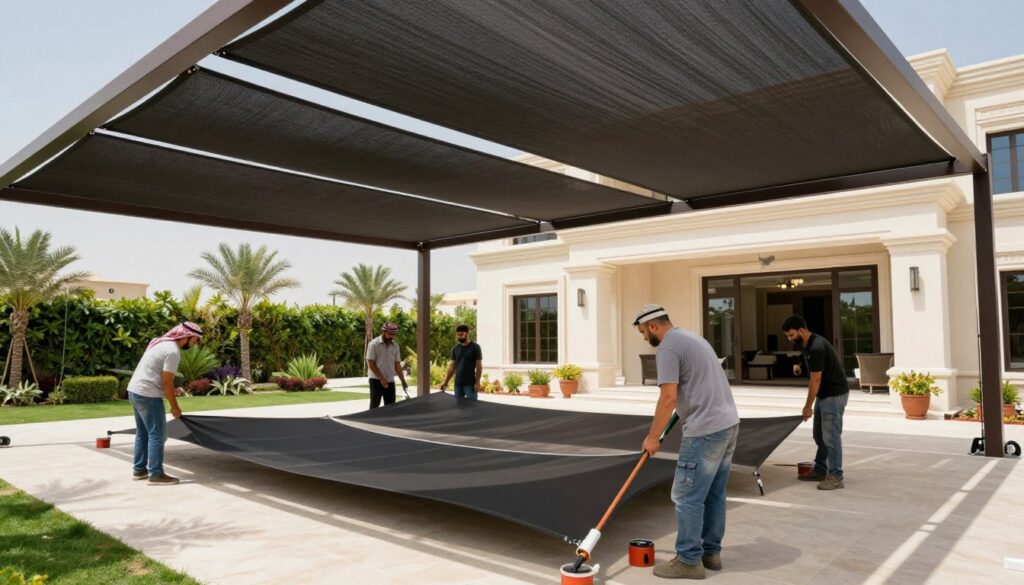 A professional team of skilled workers installing modern architectural tensile shades and outdoor canopies at a luxurious villa in Al-Ahsa, Saudi Arabia. The foreground captures the intricacies of the canopy installation, showcasing high-quality materials and precision tools. The middle ground features the team, dressed in professional work attire, collaborating efficiently with focused expressions as they handle large fabric structures. In the background, the villa’s elegant façade and flourishing landscaping create a serene atmosphere. Bright, natural sunlight filters through the tensile shades, casting interesting shadows on the ground. The mood conveys a sense of sophistication and professionalism, highlighting contemporary design in outdoor living spaces. Use a wide-angle lens to capture the expanse of the scene, emphasizing both the team and the stunning environment.