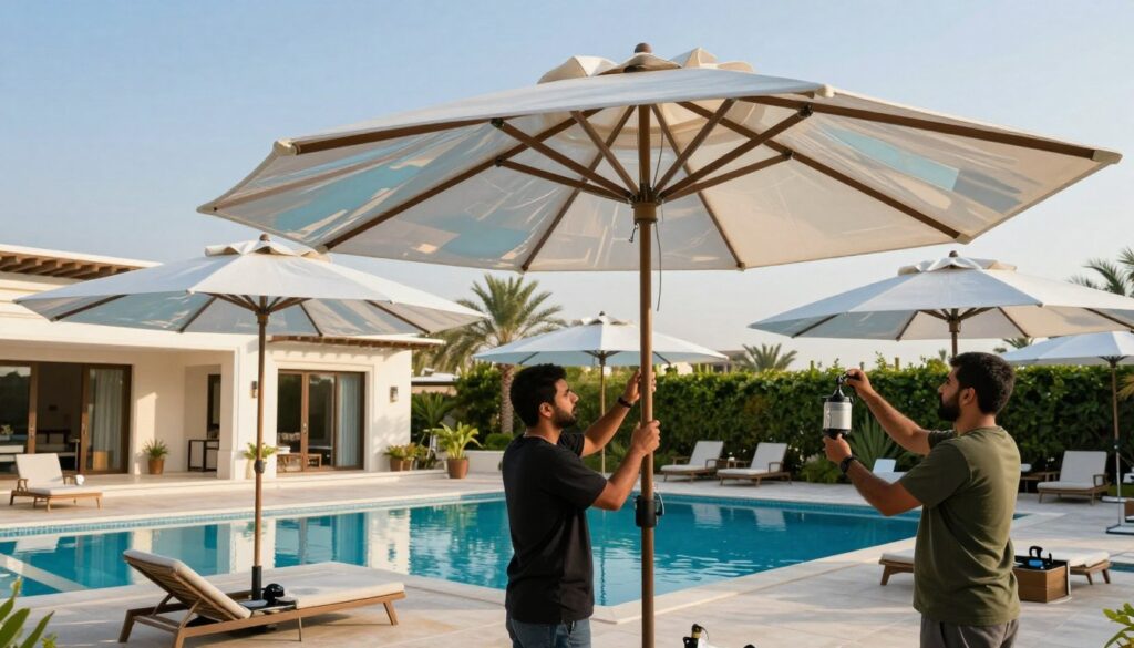 A professional team of skilled workers installing stylish polycarbonate umbrellas over a luxurious swimming pool in Dammam, Saudi Arabia. The foreground features two technicians in smart casual attire, using specialized tools to secure the transparent, glossy panels of the umbrellas. The middle ground showcases the sleek lines and modern design of the canopies, reflecting sunlight beautifully. In the background, a picturesque villa with lush greenery and a serene blue sky enhances the scene's elegance. The lighting is bright and natural, creating a warm and inviting atmosphere. The angle captures the depth and height of the umbrellas, emphasizing their durability and protection for the pool area while conveying a sense of tranquility and sophistication.
