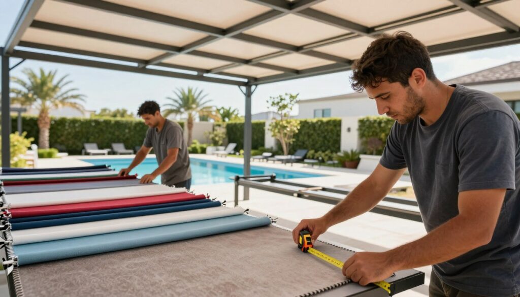 A professional team of skilled workers is actively engaged in the precise manufacturing and installation of pool canopies in a modern outdoor setting. In the foreground, a worker measuring fabric samples with a tape measure, showcasing attention to detail. The middle ground features various shades of colorful fabric laid out for selection, while another worker adjusts a metal frame that will support the canopy. The background includes a beautifully designed pool area with palm trees and a bright blue sky, suggesting a warm, inviting atmosphere. Soft natural lighting enhances the textures of the materials. The scene captures an atmosphere of collaboration and expertise, focusing on the craftsmanship involved in creating safe and stylish outdoor spaces. The image should be devoid of any text or branding.