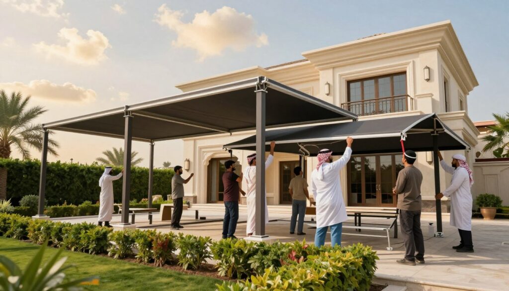 A professional team of skilled workers is installing custom outdoor canopies and car shades for a luxurious villa in Dammam, Saudi Arabia. In the foreground, showcase the workers in modest, professional attire, carefully assembling shades and canopies. The middle ground features beautifully designed structures, blending functionality and aesthetics, surrounded by lush garden greenery. In the background, the villa’s elegant architecture is visible under a bright, sunny sky with soft clouds. The scene captures a vibrant atmosphere of teamwork and customer service, reflecting the consultation aspect of the business. Use warm lighting to enhance the inviting feel, and employ a slightly angled perspective to create depth and dynamism in the composition.