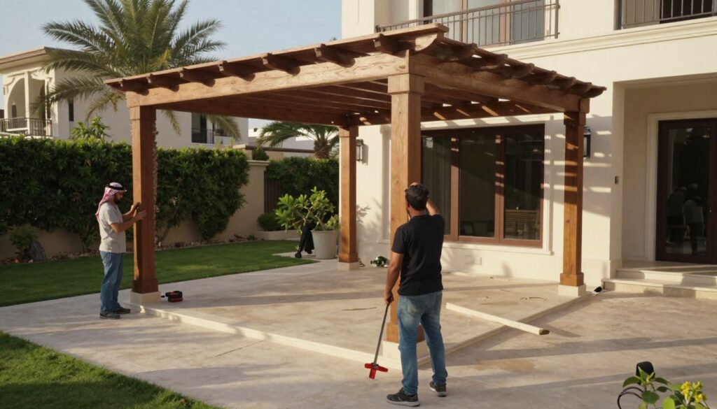 A professional team of skilled workers is installing custom outdoor pergolas at a luxurious villa in Dammam, Saudi Arabia. In the foreground, focus on two workers dressed in smart casual attire, using tools to secure the elegant pergola structure. The middle ground showcases a partially completed pergola, designed with beautiful wood and fabric, casting intricate shadows on the patio below. In the background, lush greenery and the villa's modern architecture complement the scene. The lighting is warm and inviting, suggesting late afternoon sun, enhancing the atmosphere of craftsmanship and quality. Capture this image from a slightly elevated angle to show the progression of the project while emphasizing the aesthetic appeal and functionality of the custom pergola.