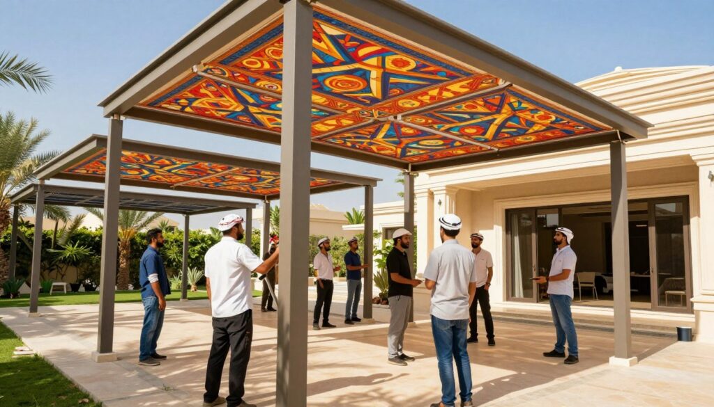 A professional team of skilled workers is installing sleek, modern structural canopies and car shades at a luxurious villa in Saudi Arabia. In the foreground, focus on the team members, dressed in smart work attire, collaborating and carefully positioning the intricately designed waterproof fabric canopies, which feature geometric patterns and vibrant colors. The middle layer showcases the partially installed shades, emphasizing their robust supports and elegant aesthetics. In the background, depict a beautiful villa with lush landscaping under a bright blue sky, casting dappled sunlight through the canopies. The scene has a cheerful, productive atmosphere, captured with a warm, inviting light, using a wide-angle lens to convey depth and professionalism in this outdoor setting. A professional team of skilled workers is installing sleek, modern structural canopies and car shades at a luxurious villa in Saudi Arabia. In the foreground, focus on the team members, dressed in smart work attire, collaborating and carefully positioning the intricately designed waterproof fabric canopies, which feature geometric patterns and vibrant colors. The middle layer showcases the partially installed shades, emphasizing their robust supports and elegant aesthetics. In the background, depict a beautiful villa with lush landscaping under a bright blue sky, casting dappled sunlight through the canopies. The scene has a cheerful, productive atmosphere, captured with a warm, inviting light, using a wide-angle lens to convey depth and professionalism in this outdoor setting.
