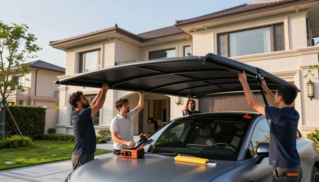 A professional team of technicians in smart casual clothing is installing elegant custom car shades and outdoor canopies in an upscale residential area. The foreground features a diverse group of three professionals skillfully assembling a contemporary car shade structure, tools and equipment neatly arranged. In the middle ground, a beautifully designed villa stands with a lush garden, illustrating a seamless blend of architecture and nature. The background captures a clear blue sky with soft, diffused sunlight creating a warm atmosphere, highlighting the quality materials used in the installation. The angle provides a dynamic perspective that emphasizes both the craftsmanship of the car shades and the sophistication of the villa setting, conveying a mood of professionalism and excellence in service.