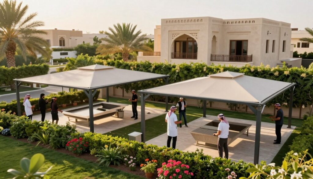 A professional team of technicians skillfully installing innovative outdoor canopies and custom car shades for villas in a picturesque garden setting in Qatif, Saudi Arabia. The foreground features various types of sleek, contemporary shade structures designed for patios and gardens, showcasing a blend of creativity and functionality. In the middle ground, lush greenery and vibrant flowers surround the installation area, enhanced by soft sunlight filtering through the fabric of the canopies, creating a warm and inviting atmosphere. The background reveals a beautifully designed villa with traditional Saudi architecture, emphasizing harmony with nature. The scene is bright and cheerful, capturing the essence of innovative shading solutions while maintaining a professional and polished look. The image should have a slightly elevated angle to showcase the entire setup clearly. A professional team of technicians skillfully installing innovative outdoor canopies and custom car shades for villas in a picturesque garden setting in Qatif, Saudi Arabia. The foreground features various types of sleek, contemporary shade structures designed for patios and gardens, showcasing a blend of creativity and functionality. In the middle ground, lush greenery and vibrant flowers surround the installation area, enhanced by soft sunlight filtering through the fabric of the canopies, creating a warm and inviting atmosphere. The background reveals a beautifully designed villa with traditional Saudi architecture, emphasizing harmony with nature. The scene is bright and cheerful, capturing the essence of innovative shading solutions while maintaining a professional and polished look. The image should have a slightly elevated angle to showcase the entire setup clearly.