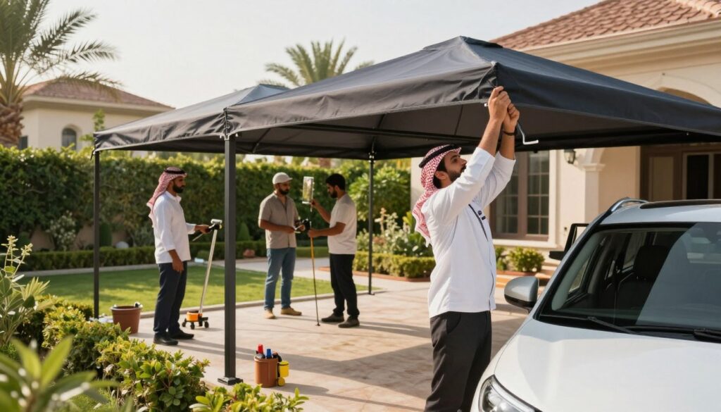 A professional team of well-dressed workers installing elegant car shades and stylish outdoor canopies in a sunny garden setting in Khobar, Saudi Arabia. In the foreground, a focused team member is carefully assembling a custom canopy, showcasing attention to detail and craftsmanship. In the middle ground, additional workers collaborate efficiently, using tools and equipment, emphasizing the theme of speed and quality in project execution. The background features lush greenery and a beautiful villa, bathed in warm sunlight, creating an inviting atmosphere of productivity. Soft, natural lighting enhances the scene, while a wide-angle view captures the scope of the project, highlighting teamwork and professionalism in action.