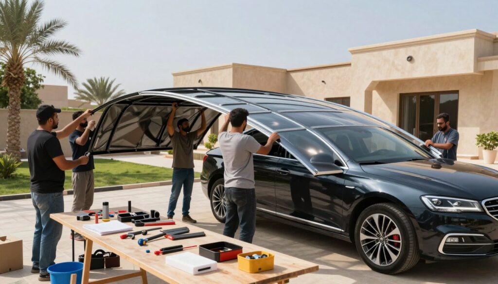 A professional team of workers diligently installing custom car shades in a sunny outdoor setting, showcasing their expertise in metalworking and craftsmanship. The foreground features a well-organized workspace with tools and materials related to car canopy construction. In the middle, the team, dressed in modest professional attire, is measuring and aligning a large, elegantly designed shade structure over a sleek car parked nearby. The background reveals a beautifully landscaped villa typical of the Al-Ahsa area, with clear blue skies and soft sunlight illuminating the scene. The atmosphere is productive and skilled, highlighting the artistry involved in crafting functional and aesthetic car protection solutions. Focus on detailed craftsmanship and a harmonious outdoor environment.
