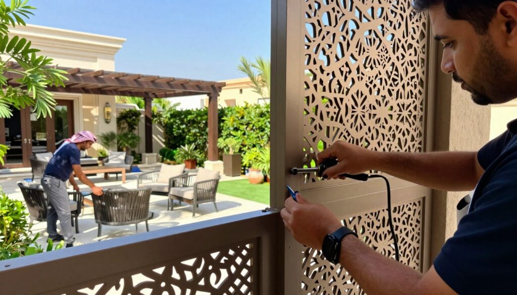 A professional team of workers diligently installing intricately designed laser-cut privacy screens in a luxurious villa setting in Khobar, Saudi Arabia. In the foreground, a close-up of hands carefully fitting the panels with precision tools, showcasing the delicate patterns of the laser-cut work. In the middle ground, the vibrant outdoor space with lush greenery and elegant patio furniture reflects the high-end atmosphere of the villa. The background features a clear blue sky, with soft sunlight illuminating the scene, casting gentle shadows that emphasize the craftsmanship of the panels. The mood conveys professionalism and attention to detail, capturing the essence of custom outdoor solutions in a serene residential environment.