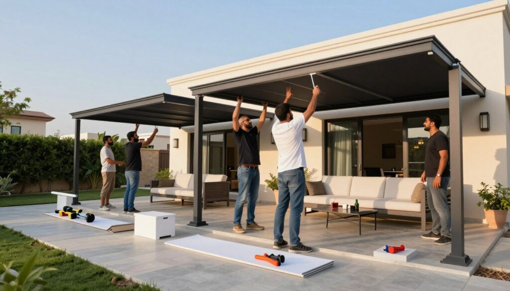 A professional team of workers, dressed in modest casual clothing, is actively installing custom car shades and modern outdoor canopies in a villa setting in Saudi Arabia. In the foreground, tools and materials are neatly arranged, showcasing a blend of creativity and practicality. The middle ground features the stylish canopies being raised above luxurious outdoor seating areas, emphasizing contemporary design elements. The background reveals a beautifully landscaped garden under a clear blue sky with soft, warm sunlight illuminating the scene, creating an inviting and relaxed atmosphere. The angle captures the teamwork and meticulous process involved, highlighting customer satisfaction through their engaged expressions and collaborative spirit. The image conveys a sense of professionalism and customer appreciation, ideal for showcasing product reviews. A professional team of workers, dressed in modest casual clothing, is actively installing custom car shades and modern outdoor canopies in a villa setting in Saudi Arabia. In the foreground, tools and materials are neatly arranged, showcasing a blend of creativity and practicality. The middle ground features the stylish canopies being raised above luxurious outdoor seating areas, emphasizing contemporary design elements. The background reveals a beautifully landscaped garden under a clear blue sky with soft, warm sunlight illuminating the scene, creating an inviting and relaxed atmosphere. The angle captures the teamwork and meticulous process involved, highlighting customer satisfaction through their engaged expressions and collaborative spirit. The image conveys a sense of professionalism and customer appreciation, ideal for showcasing product reviews.