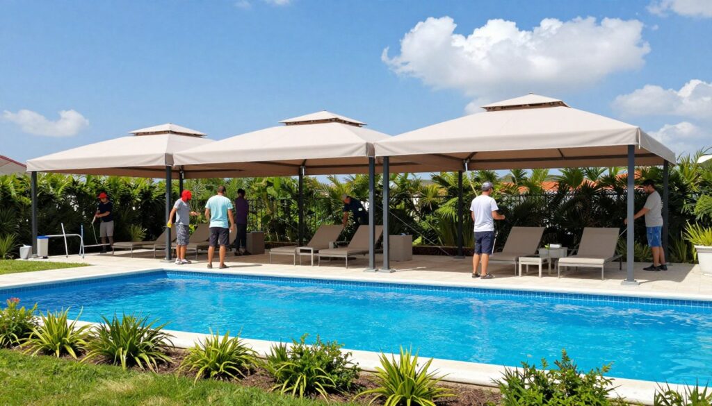 A professional team of workers dressed in modest casual clothing meticulously installing custom pool canopies in a sunny outdoor setting. In the foreground, vibrant green landscaping surrounds a sparkling blue swimming pool. The middle of the scene showcases large, elegantly designed outdoor canopies providing shade to lounge areas, made from high-quality, sturdy materials. Workers use tools and equipment to ensure precise alignment and installation. In the background, a clear blue sky enhances the cheerful atmosphere, with a few fluffy white clouds adding depth. The lighting is bright and inviting, casting soft shadows that highlight the elegance of the canopies. The overall mood is industrious yet serene, illustrating the design and installation process effectively.