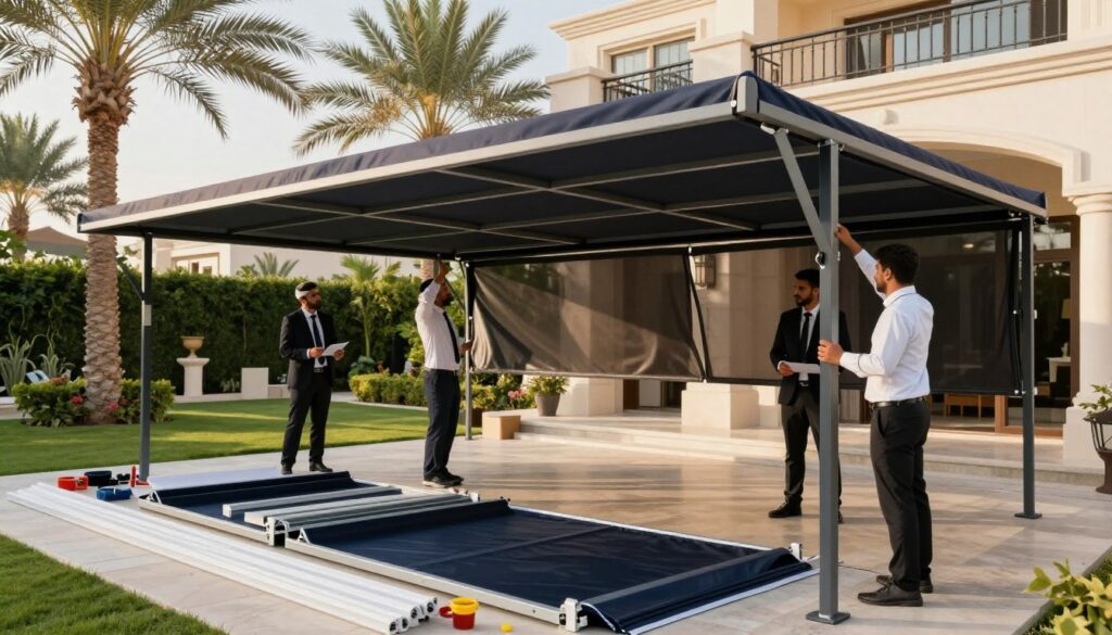 A professional team of workers, dressed in smart business attire, efficiently installing custom car shades and outdoor canopies at a luxurious villa in Al Ahsa, Saudi Arabia. In the foreground, tools and materials such as fabric pieces and frames are neatly organized, while two technicians actively work on a canopy. The middle ground features partially installed shades, showcasing a blend of modern design and functionality. The background reveals an elegant garden setting with palm trees and high-end architecture, bathed in warm sunlight that emphasizes a sense of professionalism and commitment to quality. The atmosphere conveys reliability and dedication, highlighting the importance of high standards in their services.