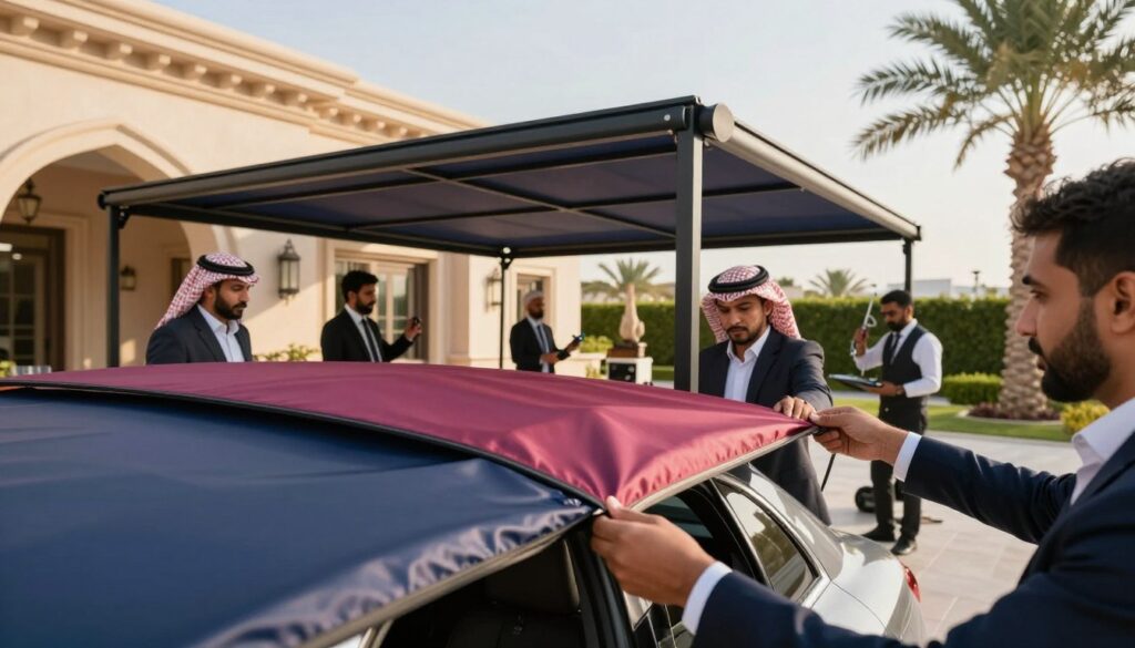 A professional team of workers, dressed in smart business attire, is skillfully installing custom car shades and outdoor canopies at a luxurious villa in Saudi Arabia. In the foreground, show a close-up of hands adjusting the fabric of a sleek, modern canopy, showcasing intricate details and vibrant colors. The middle ground features the team collaborating, as they use tools and equipment, with the villa's elegant architecture in the background. The scene is illuminated by warm, natural lighting, creating a bright and inviting atmosphere. Include palm trees and blue skies in the background to enhance the Saudi environment, conveying a sense of sophistication and quality of service in outdoor shading solutions.