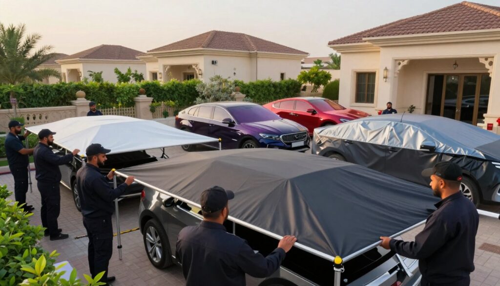 A professional team of workers, dressed in smart uniforms, is installing custom car shades and outdoor canopies for villas in Khobar, Saudi Arabia. In the foreground, focus on the workers carefully measuring and assembling the canopies, showcasing their teamwork and expertise. In the middle ground, display the stylish car shades, colorful and modern, providing ample coverage for parked vehicles. The background features several beautiful villas with lush greenery, emphasizing the residential setting. Soft, warm afternoon sunlight bathes the scene, creating a welcoming and serene atmosphere. Use a slightly elevated angle to capture the entire installation process, highlighting the details of the car shades while maintaining clarity of the surrounding environment.