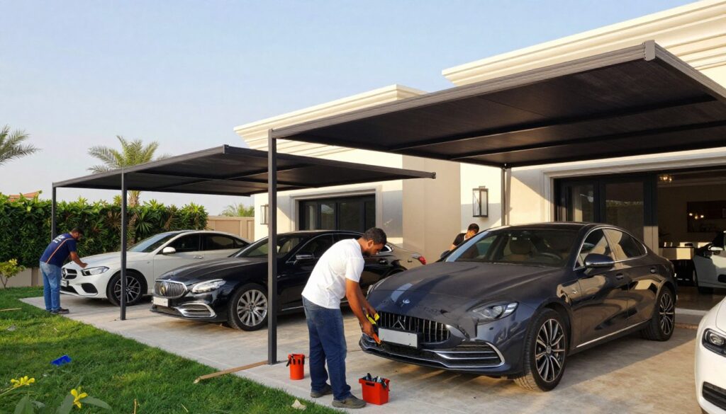 A professional team of workers efficiently installing custom car shades and outdoor canopies for villas in Dammam, Saudi Arabia. The foreground features two workers in smart casual attire, focused and engaged in their task, surrounded by tools and materials. In the middle, a beautifully designed structural canopies highlight their unique shade patterns, partially shielding luxury cars from the sun. The background showcases a well-manicured villa garden under a clear blue sky with soft, diffuse sunlight illuminating the scene. A sense of professionalism and precision fills the atmosphere as the team enhances the outdoor aesthetics while providing shade solutions. A professional team of workers efficiently installing custom car shades and outdoor canopies for villas in Dammam, Saudi Arabia. The foreground features two workers in smart casual attire, focused and engaged in their task, surrounded by tools and materials. In the middle, a beautifully designed structural canopies highlight their unique shade patterns, partially shielding luxury cars from the sun. The background showcases a well-manicured villa garden under a clear blue sky with soft, diffuse sunlight illuminating the scene. A sense of professionalism and precision fills the atmosphere as the team enhances the outdoor aesthetics while providing shade solutions.