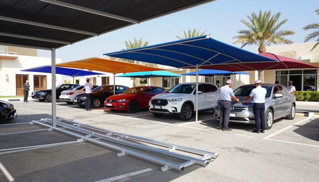 A professional team of workers in business attire is seen installing custom car shades at a villa in Khobar, Saudi Arabia. In the foreground, neatly arranged poles and aluminum frames are being positioned for the installation of elegant car umbrellas. The middle ground showcases a partially completed parking area, with a variety of colorful canopies, each designed to offer maximum shade and protection; some are curved, while others are squared, exhibiting a blend of modern and traditional styles. In the background, palm trees sway gently under a clear blue sky, hinting at the warm climate. The lighting is bright and sunny, creating vibrant shadows under the canopies, evoking an inviting and professional atmosphere. The image captures the meticulous nature of material selection, emphasizing durability and aesthetic quality.