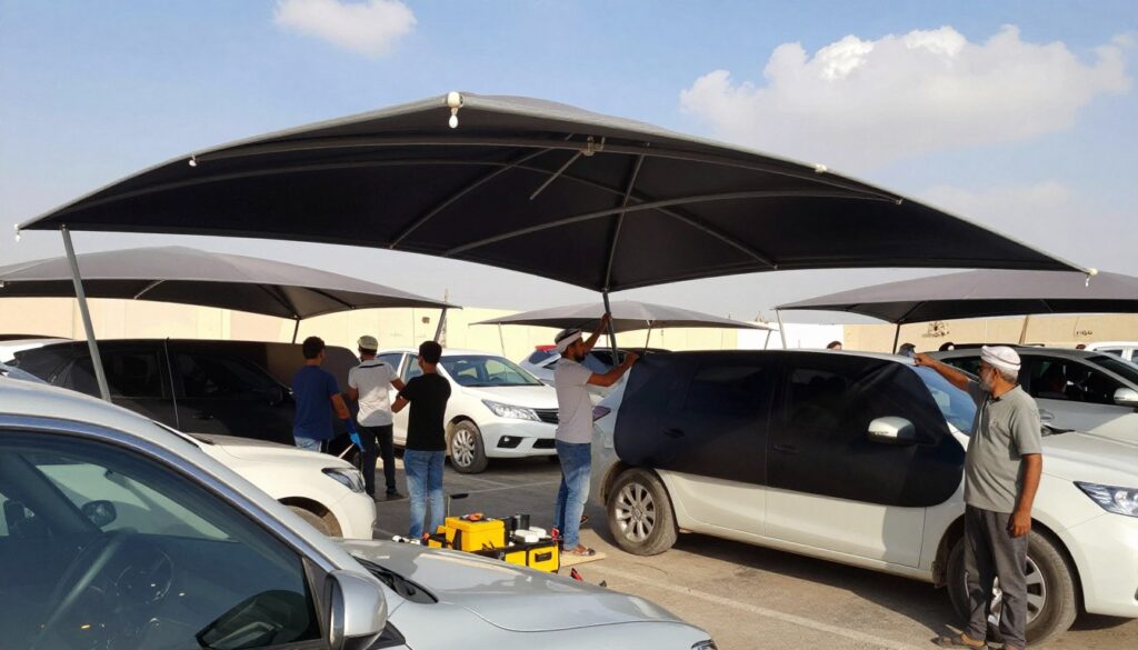 A professional team of workers in modest casual clothing is installing custom car shades in a sunny outdoor parking area in Al Khobar, Saudi Arabia. The foreground features several large, elegantly designed car canopies, providing ample shade for parked vehicles. In the middle ground, the installation process showcases skilled hands carefully securing the structures, while tools and equipment are organized neatly nearby. The background displays a clear blue sky with a few fluffy clouds, indicative of a warm day. The overall atmosphere is bustling yet focused, highlighting the importance of car shades in protecting vehicles from harsh sunlight. Soft, natural lighting emphasizes the sleek designs of the canopies and the professionalism of the workers, creating a sense of trust and quality in the project.