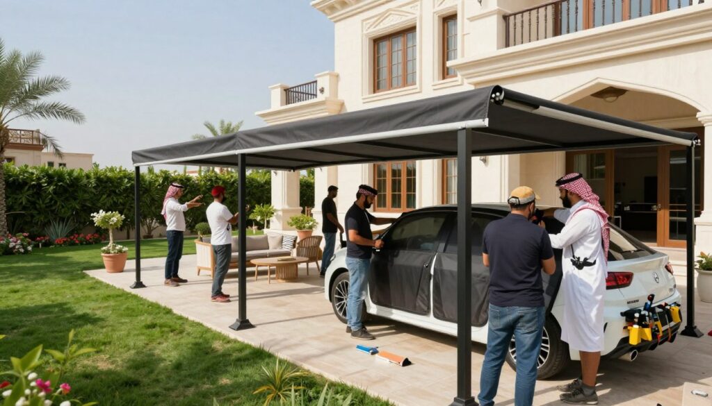 A professional team of workers in smart casual attire is installing custom car shades and outdoor canopies in a luxurious villa garden setting in Saudi Arabia. In the foreground, the skilled team is focused on securely fastening the canopy, showcasing tools and materials typical of quality installations. The middle layer features a beautifully landscaped garden, with green grass, flowering plants, and a well-appointed seating area shaded by the canopy. In the background, the villa's elegant architecture is visible under a clear blue sky, creating a serene atmosphere. Soft sunlight casts gentle shadows, enhancing the three-dimensional depth of the scene. The mood conveys professionalism and customer care, emphasizing the satisfaction derived from quality service. A professional team of workers in smart casual attire is installing custom car shades and outdoor canopies in a luxurious villa garden setting in Saudi Arabia. In the foreground, the skilled team is focused on securely fastening the canopy, showcasing tools and materials typical of quality installations. The middle layer features a beautifully landscaped garden, with green grass, flowering plants, and a well-appointed seating area shaded by the canopy. In the background, the villa's elegant architecture is visible under a clear blue sky, creating a serene atmosphere. Soft sunlight casts gentle shadows, enhancing the three-dimensional depth of the scene. The mood conveys professionalism and customer care, emphasizing the satisfaction derived from quality service.