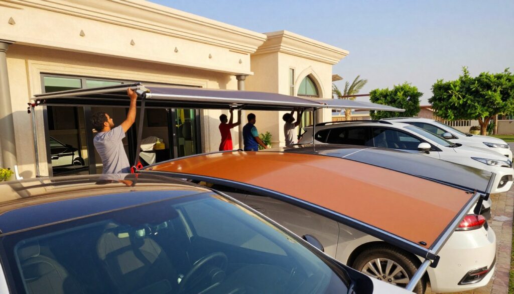 A professional team of workers installing custom car shades and outdoor canopies at a villa in Saudi Arabia. In the foreground, showcase the intricate details of various types of car shades—both fixed and retractable—in vibrant colors and designs. The middle ground features the crew actively working, dressed in professional attire, carefully setting up the structures under the bright Saudi sun. The background reveals a luxurious villa with modern architecture, surrounded by lush greenery and clear blue skies. Utilize warm, natural lighting to create an inviting atmosphere. Capture the scene from a slightly elevated angle to highlight the teamwork and craftsmanship involved in the shade installation, evoking a sense of professionalism and quality service.