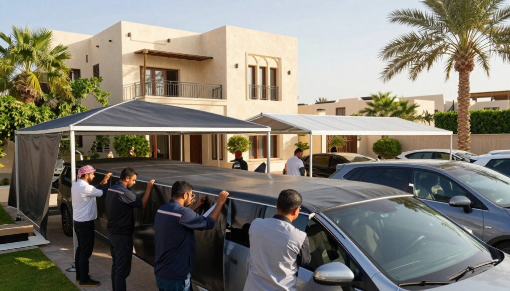 A professional team of workers installing custom car shades and outdoor canopies at a villa in Al Jubail, Saudi Arabia. The foreground features the technicians in professional business attire, focused on their task of fitting durable, stylish canopy shades over parked cars under the bright sun. In the middle ground, the partially erected structures showcase both fixed and movable designs, highlighting their versatility and craftsmanship. The background displays the distinctive architectural style of the villa, surrounded by lush greenery and palm trees. The scene is illuminated by warm natural sunlight, casting soft shadows, creating an inviting and professional atmosphere that emphasizes the company’s dedication to quality customer service and client relationships. Capture this in a wide-angle format to encompass the entire setup.