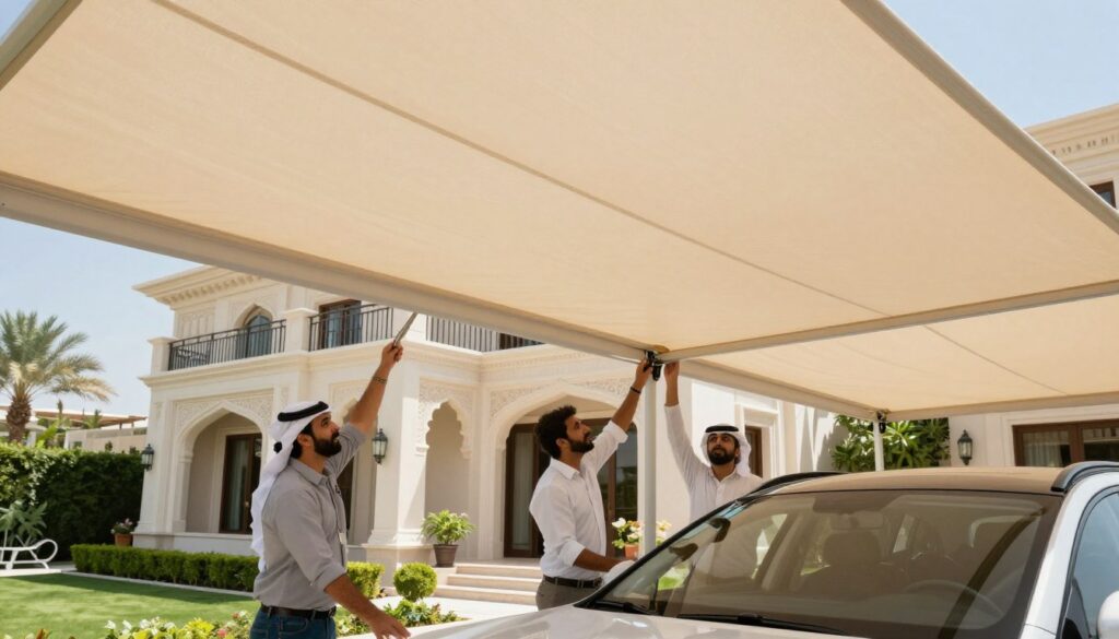A professional team of workers installing custom car shades and outdoor canopies for luxurious villas in Saudi Arabia. In the foreground, focus on a diverse group of three professionals, dressed in smart business attire, carefully adjusting a large, elegant canopy that provides shade over a stylish outdoor area. The middle layer features a beautifully designed villa, with intricate architecture and a lush garden, beneath the grandeur of the canopy. In the background, a bright blue sky contrasts with the soft, diffused sunlight filtering through the fabric, creating an inviting and serene atmosphere. The angle captures both the team at work and the stunning shaded area, highlighting the quality of the installed shades. A professional team of workers installing custom car shades and outdoor canopies for luxurious villas in Saudi Arabia. In the foreground, focus on a diverse group of three professionals, dressed in smart business attire, carefully adjusting a large, elegant canopy that provides shade over a stylish outdoor area. The middle layer features a beautifully designed villa, with intricate architecture and a lush garden, beneath the grandeur of the canopy. In the background, a bright blue sky contrasts with the soft, diffused sunlight filtering through the fabric, creating an inviting and serene atmosphere. The angle captures both the team at work and the stunning shaded area, highlighting the quality of the installed shades.