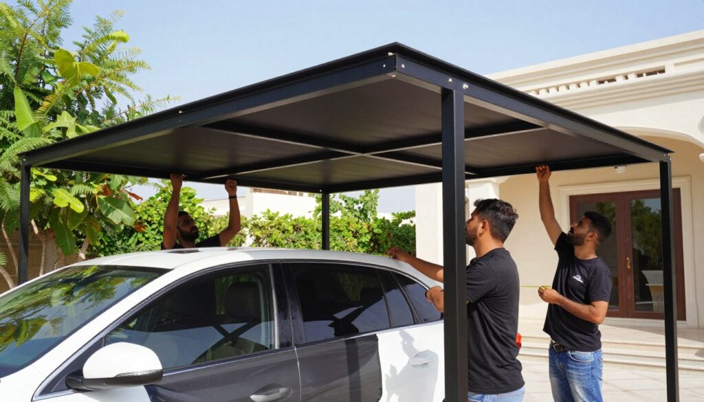 A professional team of workers installing custom car shades made of high-quality fabric and steel canopies at a villa in Dammam, Saudi Arabia. In the foreground, focus on two skilled technicians, dressed in smart casual work attire, measuring the area for the installation. The medium ground features a beautifully designed steel frame being assembled. In the background, a picturesque villa with lush greenery under a clear blue sky sets an inviting scene. Soft, natural lighting enhances the vibrant colors of the shades and surrounding environment, creating a productive and professional atmosphere. The composition captures the essence of quality service and craftsmanship, highlighting the importance of durability in outdoor installations.