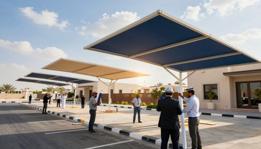 A professional team of workers installing sleek, structural tensioned canopies in an outdoor setting in Saudi Arabia. In the foreground, focus on the workers wearing professional business attire, carefully handling vibrant shades and materials as they secure the canopies over a spacious parking area adjacent to villas. In the middle ground, show elegantly designed canopies casting soft shadows, with sunlight filtering through, creating a warm and inviting atmosphere. The background features a clear blue sky peppered with a few clouds, complementing the modern villas with their polished exteriors. The lighting should emphasize the structural design of the canopies, showcasing their functionality and aesthetic appeal. Capture the scene at a slightly angled perspective to enhance depth and detail. The mood should be professional and industrious, embodying the essence of architectural innovation in outdoor spaces. A professional team of workers installing sleek, structural tensioned canopies in an outdoor setting in Saudi Arabia. In the foreground, focus on the workers wearing professional business attire, carefully handling vibrant shades and materials as they secure the canopies over a spacious parking area adjacent to villas. In the middle ground, show elegantly designed canopies casting soft shadows, with sunlight filtering through, creating a warm and inviting atmosphere. The background features a clear blue sky peppered with a few clouds, complementing the modern villas with their polished exteriors. The lighting should emphasize the structural design of the canopies, showcasing their functionality and aesthetic appeal. Capture the scene at a slightly angled perspective to enhance depth and detail. The mood should be professional and industrious, embodying the essence of architectural innovation in outdoor spaces.