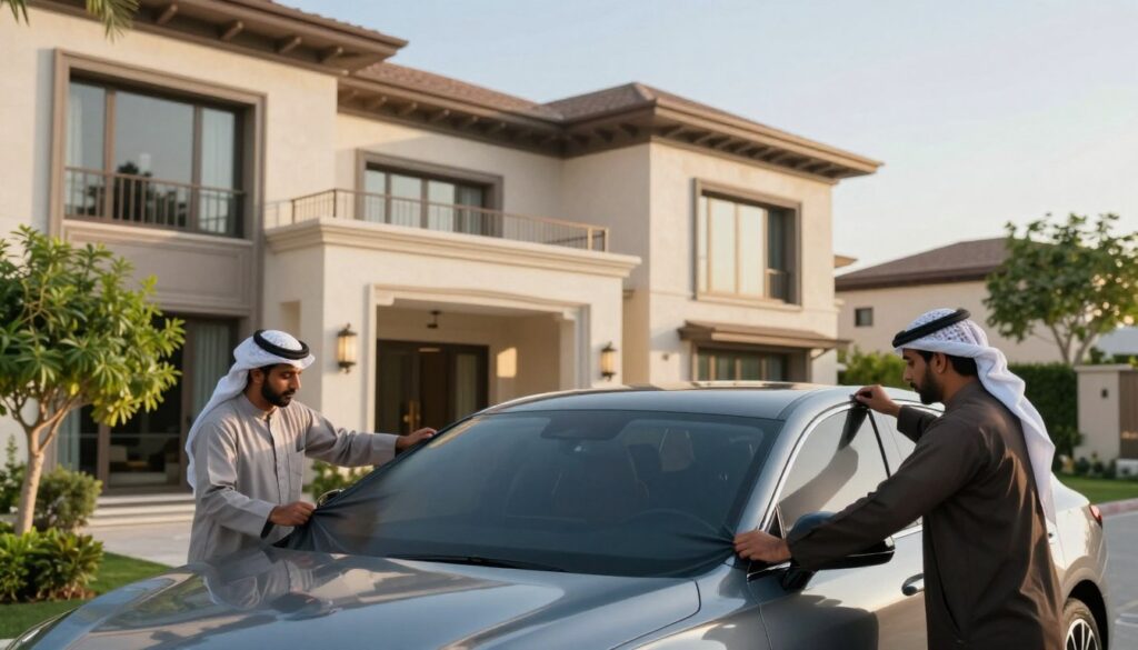 A professional team of workers is installing custom car shades in a residential villa setting in Al Ahsa, Saudi Arabia. In the foreground, focus on two technicians wearing modest, professional attire, carefully stretching and securing fabric for a sleek, modern car shade. The middle ground features a contemporary villa, showcasing elegant architecture with lush greenery. The background should include a clear blue sky, enhancing the warm, inviting atmosphere of the scene. Soft sunlight illuminates the setting, casting gentle shadows that create a relaxed mood. Use a wide-angle perspective to capture the entire installation process and the surrounding beauty of the outdoors, emphasizing the importance of shade in enhancing the comfort and aesthetics of the home.