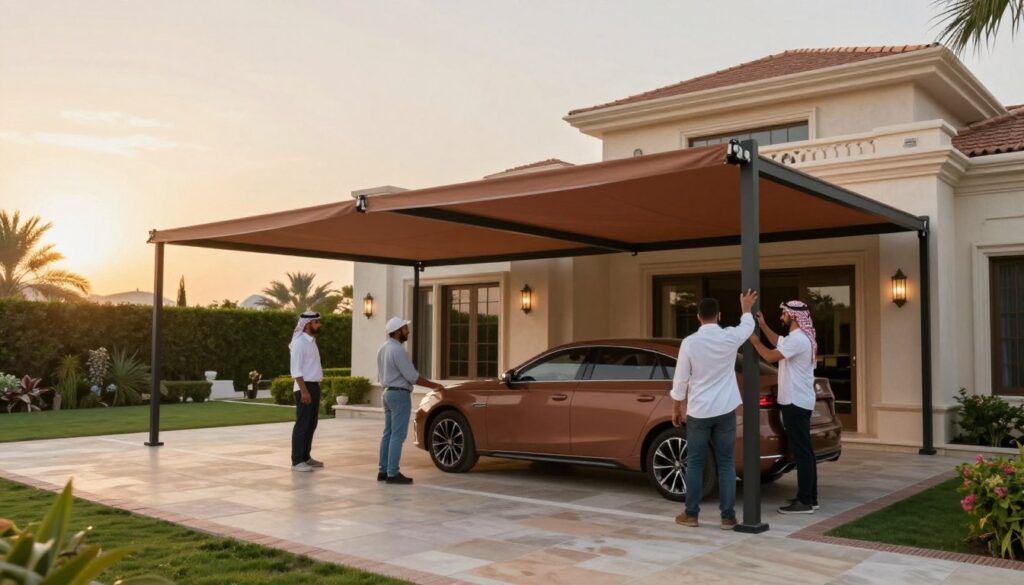 A professional team skillfully installing elegant outdoor canopies and custom car shades at a luxurious villa in Saudi Arabia. In the foreground, capture a diverse group of four workers, dressed in smart casual attire, collaborate while fitting a vibrant shade structure. The middle ground features the beautifully designed villa surrounded by well-maintained gardens, showcasing the stylish shades in warm earth tones. In the background, the sun sets, casting a golden glow over the scene, enhancing the inviting atmosphere. Use a wide-angle lens to convey depth and detail, emphasizing the sophistication and functionality of the installed products. The mood is focused and professional, demonstrating a commitment to quality and competitive pricing.