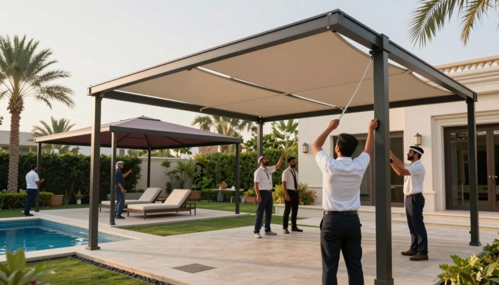 A professional team working diligently to install custom outdoor canopies in a luxurious villa garden setting in Saudi Arabia. In the foreground, a well-dressed technician is skillfully assembling a large, elegant shade structure, showcasing a blend of modern design and functionality. The midground features several partially constructed canopies, highlighting the variety of styles and colors available for pool protection. The background reveals a beautifully landscaped garden with palm trees and ornamental plants, bathed in warm, natural light, suggesting a serene late afternoon atmosphere. The angle captures both the action of installation and the inviting elegance of the villa, emphasizing quality service and craftsmanship in outdoor shade solutions.