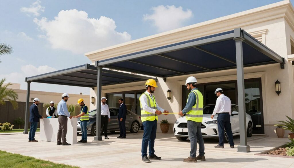 A professionally designed outdoor scene featuring a team of skilled workers efficiently installing elegant outdoor canopies and custom car shades at a luxurious villa in Saudi Arabia. In the foreground, several team members in smart business attire, wearing safety gear, are collaborating, measuring, and handling materials. The middle area displays the partially installed canopies showcasing modern designs that blend seamlessly with the villa’s architecture. The background features a sunny, blue sky with a few fluffy clouds, enhancing the vibrant atmosphere. Soft, natural lighting casts gentle shadows, creating an inviting mood. Capture the professionalism and teamwork involved in enhancing outdoor spaces while ensuring safety and quality craftsmanship. No text or logos should be present. A professionally designed outdoor scene featuring a team of skilled workers efficiently installing elegant outdoor canopies and custom car shades at a luxurious villa in Saudi Arabia. In the foreground, several team members in smart business attire, wearing safety gear, are collaborating, measuring, and handling materials. The middle area displays the partially installed canopies showcasing modern designs that blend seamlessly with the villa’s architecture. The background features a sunny, blue sky with a few fluffy clouds, enhancing the vibrant atmosphere. Soft, natural lighting casts gentle shadows, creating an inviting mood. Capture the professionalism and teamwork involved in enhancing outdoor spaces while ensuring safety and quality craftsmanship. No text or logos should be present.