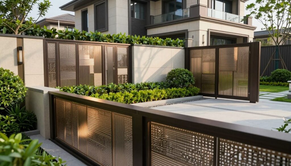 A professionally designed outdoor scene showcasing metal screens and garden walls in a modern landscape setting. In the foreground, detailed close-ups of textured metal panels with intricate patterns, reflecting sunlight. The middle ground features flourishing greenery, neatly trimmed hedges, and a stylish garden wall that complements the metal screens. The background displays a serene villa with contemporary architecture, bathed in warm daylight. Soft shadows cast by the structures create a balanced atmosphere of sophistication and tranquility. The scene is shot from a slightly elevated angle to capture the entire layout, emphasizing the interplay of materials and nature. The mood is clean, professional, and inviting, perfect for illustrating advanced design and installation techniques in outdoor spaces. A professionally designed outdoor scene showcasing metal screens and garden walls in a modern landscape setting. In the foreground, detailed close-ups of textured metal panels with intricate patterns, reflecting sunlight. The middle ground features flourishing greenery, neatly trimmed hedges, and a stylish garden wall that complements the metal screens. The background displays a serene villa with contemporary architecture, bathed in warm daylight. Soft shadows cast by the structures create a balanced atmosphere of sophistication and tranquility. The scene is shot from a slightly elevated angle to capture the entire layout, emphasizing the interplay of materials and nature. The mood is clean, professional, and inviting, perfect for illustrating advanced design and installation techniques in outdoor spaces.