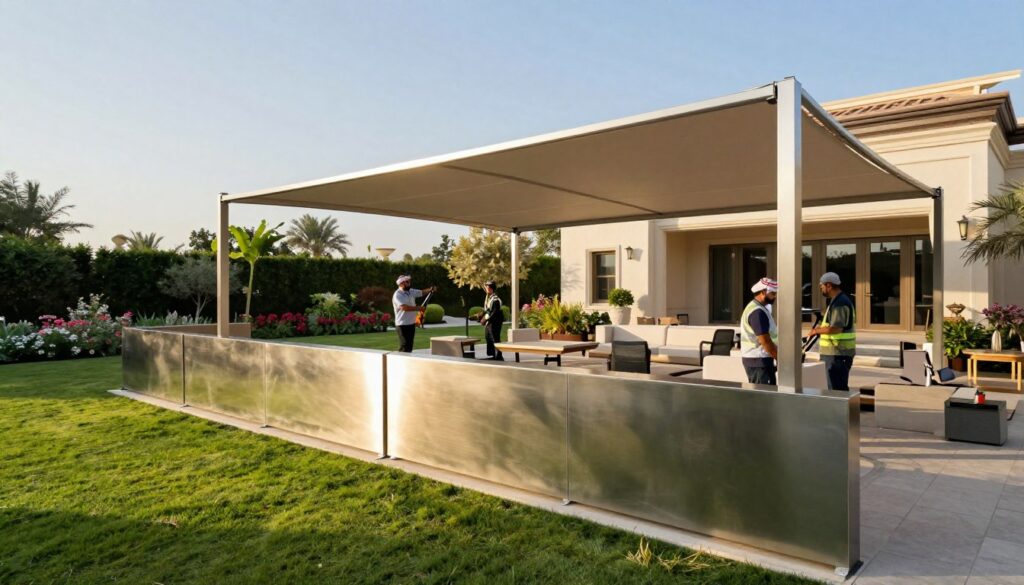 A scenic garden installation featuring metallic shades, with a professional team installing custom outdoor canopies for villas in Saudi Arabia. In the foreground, showcase the sleek and sturdy metallic barriers, reflecting sunlight, set against lush greenery. In the middle ground, depict skilled workers in professional attire carefully setting up a large, elegant canopy, using modern tools. The background reveals a beautifully landscaped garden with flowering plants, trees, and a clear blue sky overhead. Capture warm, natural lighting to enhance the inviting atmosphere, using a wide-angle lens to provide a comprehensive view of the installation process. The overall mood should convey professionalism and elegance, suitable for an outdoor living space.