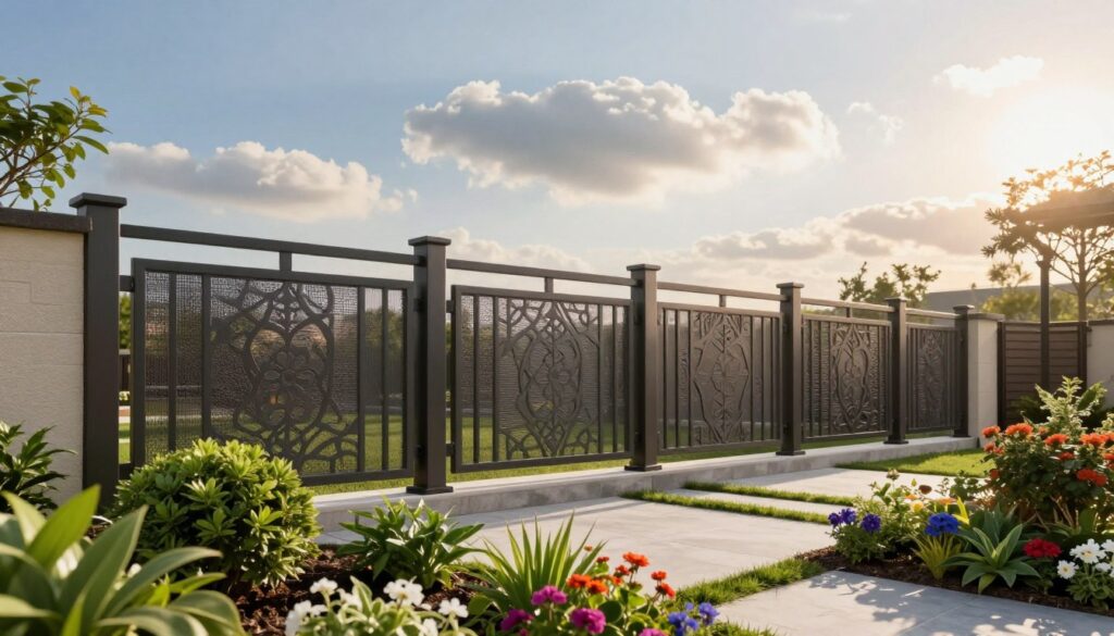 A serene garden scene featuring robust metal screens and decorative fences, designed to ensure privacy and enhance aesthetics. In the foreground, vibrant greenery and colorful flowers frame the sturdy, modern metallic barriers, showcasing various textures and finishes. The middle ground captures well-maintained pathways leading toward the fences, incorporating intricate patterns. In the background, a beautiful blue sky with soft, fluffy clouds casts gentle sunlight, adding warmth to the atmosphere. A subtle lens flaring effect gives the image a polished, inviting look. The overall mood is tranquil and professional, suitable for a contemporary garden space, emphasizing functionality and design elegance in outdoor living areas. A serene garden scene featuring robust metal screens and decorative fences, designed to ensure privacy and enhance aesthetics. In the foreground, vibrant greenery and colorful flowers frame the sturdy, modern metallic barriers, showcasing various textures and finishes. The middle ground captures well-maintained pathways leading toward the fences, incorporating intricate patterns. In the background, a beautiful blue sky with soft, fluffy clouds casts gentle sunlight, adding warmth to the atmosphere. A subtle lens flaring effect gives the image a polished, inviting look. The overall mood is tranquil and professional, suitable for a contemporary garden space, emphasizing functionality and design elegance in outdoor living areas.