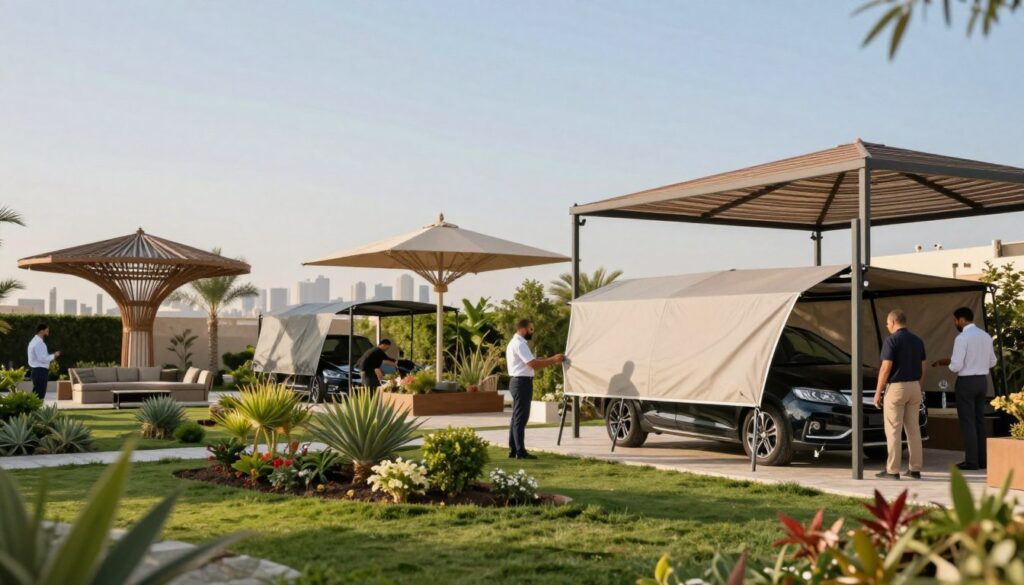 A serene outdoor garden scene in Dammam, featuring various styles of elegantly designed garden canopies and shades. In the foreground, showcase a professional team installing custom car shades and outdoor canopies, dressed in smart casual attire. The middle ground captures a lush garden with a variety of green plants and flowers, complemented by the artistic canopies providing shade. The background features a subtle view of Dammam’s skyline under a clear blue sky, with warm sunlight casting gentle shadows. Use a soft focus lens effect to enhance the mood of tranquility and professionalism, with a bright and inviting atmosphere that highlights the beauty of outdoor living spaces. No captions or overlays present.