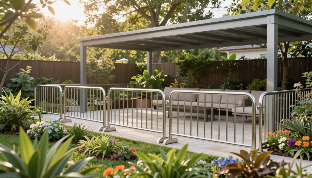 A serene outdoor scene featuring professionally installed metallic barriers and secure gardens designed for relaxation. In the foreground, lush green plants and colorful flowers frame the area, while a sleek, modern metallic shade structure provides shelter from the sun. In the middle ground, a clean and inviting patio space is adorned with comfortable seating, enhancing the cozy atmosphere. In the background, soft sunlight filters through the trees, creating a warm, inviting glow. The angle captures a wide perspective to showcase the harmonious blend of security and tranquility in the garden environment. The overall mood is peaceful and secure, ideal for outdoor gatherings.