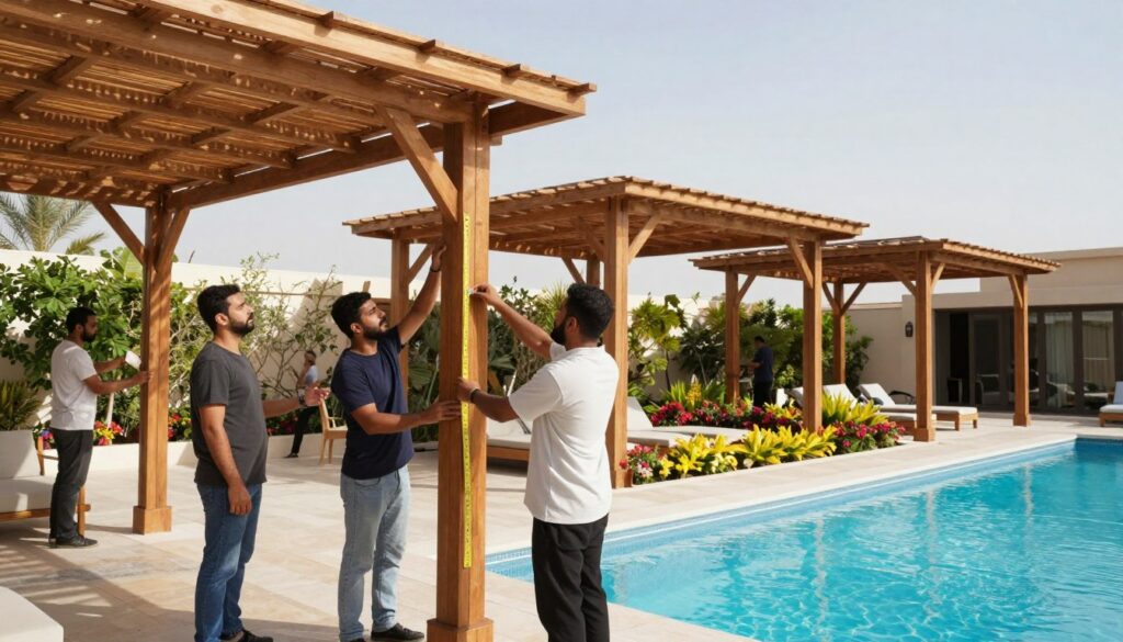 A serene outdoor scene showcasing a skilled professional team installing elegant wooden garden shades around a luxurious swimming pool area in Dammam. In the foreground, focus on the team members wearing modest casual attire, carefully measuring and adjusting the wooden structures. The middle ground features several stylish wooden canopies, designed with intricate patterns, providing shade over beautifully landscaped garden beds adorned with vibrant flora. In the background, a clear blue sky enhances the tranquil atmosphere, while soft sunlight filters through the canopies, casting gentle shadows on the polished pool surface. The overall mood is professional and inviting, emphasizing craftsmanship and attention to detail.