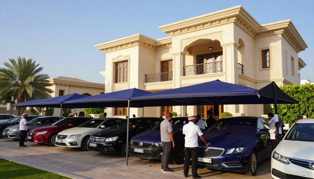 A serene outdoor setting featuring a professional team installing elegant car shades and custom outdoor canopies in a luxurious villa in Al Khobar, Saudi Arabia. In the foreground, a diverse group of workers in professional attire diligently erecting sturdy yet stylish shades over parked cars, focusing on craftsmanship and precision. In the middle ground, a beautifully designed villa exudes sophistication, with sun-drenched walls and lush greenery complementing the ambiance. The background showcases a clear blue sky, adding a sense of openness and tranquility. The scene is captured in warm, natural lighting, emphasizing the vibrant colors of the canopies and the villa, with a slight tilt from a low angle to enhance depth and perspective. The overall mood is one of professionalism, quality service, and serene luxury.