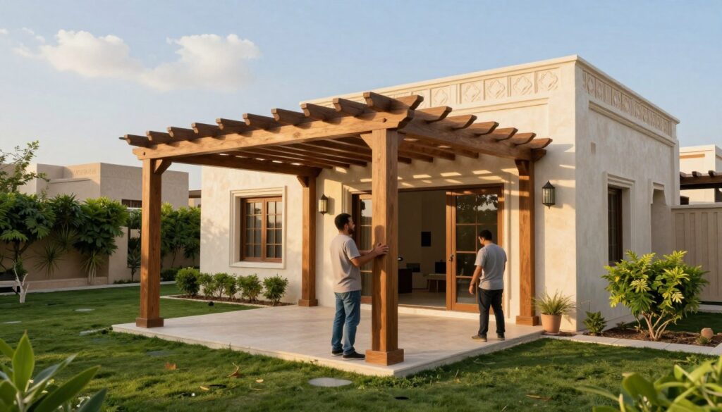 A serene outdoor setting featuring a skilled professional team installing custom pergolas and outdoor canopies for luxurious villas in Saudi Arabia. In the foreground, showcase two workers in modest casual attire, carefully assembling a stylish wooden pergola with intricate details and a modern design. The middle ground includes vibrant greenery and well-maintained gardens surrounding the villa, enhancing the tranquil atmosphere. In the background, the villa stands elegantly with traditional architecture, bathed in warm, golden sunlight, creating a soft glow. The sky is clear with a few clouds, adding depth to the scene. Capture this moment from a slightly elevated angle to highlight the project’s details while maintaining a professional and inviting mood.