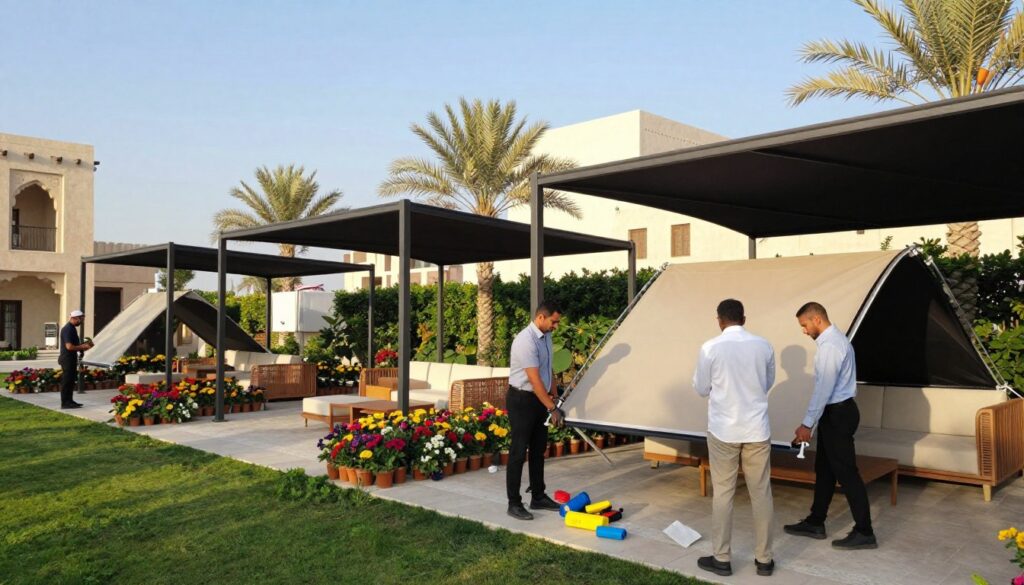 A serene outdoor setting in Dammam, showcasing elegant garden canopies designed for leisure spaces. In the foreground, a professional team, dressed in smart casual clothing, expertly installs custom car shades and outdoor canopies, with tools and materials scattered beside them. The middle ground features beautifully designed canopies providing shade over stylish outdoor seating areas, surrounded by vibrant floral arrangements and green grass. In the background, traditional Saudi architecture and palm trees add a cultural touch, under a clear blue sky that bathes the scene in warm sunlight. The overall mood is one of professionalism and tranquility, evoking a sense of comfort and relaxation in outdoor living spaces. The image captures the essence of outdoor design in the Eastern Province.
