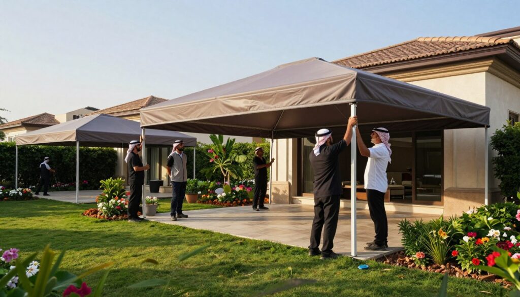 A serene outdoor setting showcasing a professional team installing high-quality car shades and outdoor canopies for luxurious villas in Saudi Arabia. In the foreground, skilled workers in professional attire are attentively securing a large, elegant canopy above a beautifully landscaped garden, highlighting their precision and teamwork. The middle ground features a partially assembled structure, surrounded by blooming flowers and lush greenery, enhancing the quality of the installation process. In the background, clear blue skies and a distant view of modern villas create a tranquil atmosphere. Soft, natural sunlight bathes the scene, casting gentle shadows and emphasizing the quality craftsmanship of the shades. The overall mood is one of professionalism, excellence, and assurance of quality in outdoor installations.