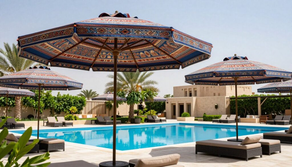 A serene pool area in Qatif, showcasing elegant custom-designed pool umbrellas, offers a blend of modern and traditional aesthetics. In the foreground, the vibrant, colorful canopies provide comfortable shade, beautifully styled with unique patterns and textures. The middle ground features a sparkling blue pool reflecting the clear sky, surrounded by lush greenery and tasteful outdoor furniture. In the background, traditional Arabian architecture can be spotted, subtly incorporated into the scenery. The lighting is bright and inviting, suggesting a sunny afternoon, with soft shadows adding depth. The atmosphere is relaxed and sophisticated, perfect for leisure and gatherings. Ensure a professional feel, omitting any human subjects, focusing solely on the beauty of the umbrellas and the tranquil setting.