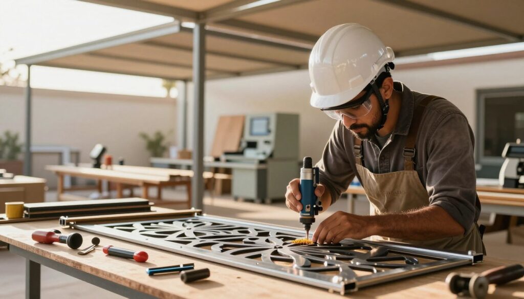 A skilled artisan in a professional setting, wearing a safety helmet and protective goggles, carefully crafting intricate metal designs for outdoor sunshade installations. The foreground showcases detailed tools and metal sheets, while the artisan is focused on precise laser-cutting techniques under bright, warm lighting. In the middle ground, partially assembled outdoor canopies are visible, demonstrating craftsmanship and innovation, with wood and metal materials harmoniously arranged. The background features a well-organized workshop with modern equipment and sunlight streaming through large windows, creating an inviting atmosphere. The overall mood is one of professionalism, creativity, and expertise, highlighting the dedication to quality in custom car shades and outdoor installations in Saudi Arabia.