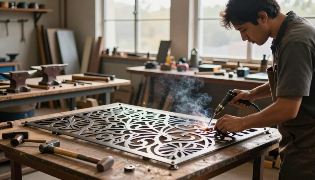 A skilled artisan is working on artistic metal fabrication in a workshop filled with tools and materials. In the foreground, the artisan, dressed in professional attire, is using a welding torch on a custom-designed garden shade frame. The craftsmanship showcases intricate patterns and designs specific to outdoor canopies. In the middle ground, various tools like anvils, hammers, and metal sheets are neatly organized, emphasizing a creative workspace. The background features natural light filtering in through large windows, illuminating dust particles in the air, creating a warm and inviting atmosphere. The scene conveys dedication and artistry in metalworks, ideal for showcasing professional services in creating unique outdoor structures.