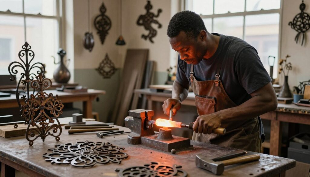 A skilled blacksmith works diligently in a workshop, surrounded by various artistic metalwork creations. In the foreground, showcase intricate wrought iron pieces—delicate patterns and floral designs—displaying the craftsmanship of artistic metalwork. In the middle ground, depict a vise holding a glowing piece of molten metal, with tools like hammers and tongs nearby, emphasizing the blacksmith's trade. The background features a well-lit workshop filled with hanging metal sculptures and natural light streaming through a large window, creating an inviting atmosphere. Capture the mood of creativity and dedication, with warm, rich tones illuminating the scene. The image should evoke a sense of pride in artisanal craftsmanship, while avoiding any text or distractions. A skilled blacksmith works diligently in a workshop, surrounded by various artistic metalwork creations. In the foreground, showcase intricate wrought iron pieces—delicate patterns and floral designs—displaying the craftsmanship of artistic metalwork. In the middle ground, depict a vise holding a glowing piece of molten metal, with tools like hammers and tongs nearby, emphasizing the blacksmith's trade. The background features a well-lit workshop filled with hanging metal sculptures and natural light streaming through a large window, creating an inviting atmosphere. Capture the mood of creativity and dedication, with warm, rich tones illuminating the scene. The image should evoke a sense of pride in artisanal craftsmanship, while avoiding any text or distractions.
